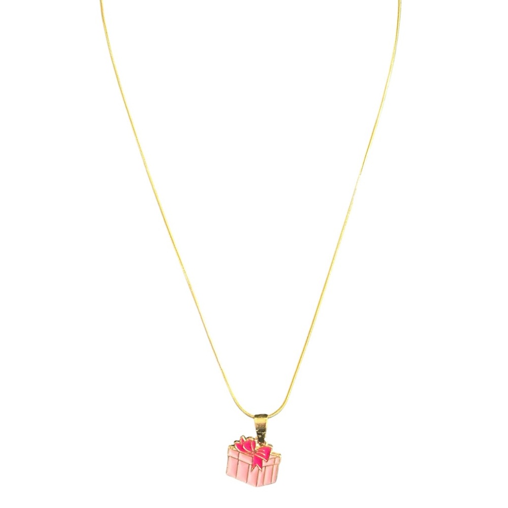 Pink Present Gift Box Charm Gold Plated Necklace Pendant 18” Snake Chain